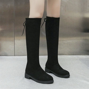 黑色高筒靴女冬季2024新款高跟长筒靴平底不过膝长靴绒面粗跟靴子
