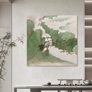中式工笔山水画客厅装饰画抽象迎客松小溪风景纯手绘油画玄关挂画