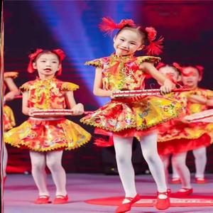 儿童打鼓服演出服中国梦娃儿六一儿童节表演服装喜庆秧歌服蓬蓬裙