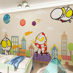 卡通奥特曼儿童房墙纸男孩房间卧室墙布幼儿园童装店背景墙壁纸