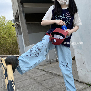 熊猫妹-小猫骨头夏季多巴胺彩色宽松薄款阔腿长裤速干冰丝直筒裤