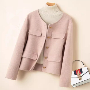 粉色减龄高端双面羊绒大衣女短款圆领小香风修身小个子羊毛呢外套