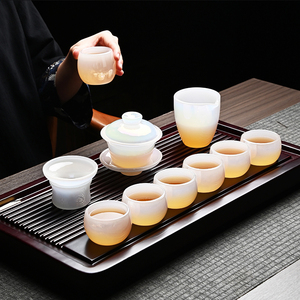 白玉炫彩琉璃茶具套装盖碗中国风玉瓷功夫茶具家用办公送礼礼盒