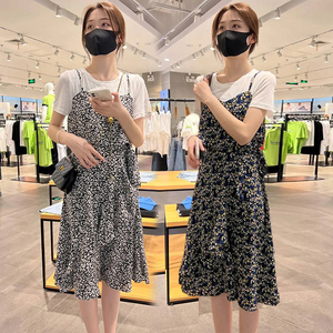 假两件碎花短袖连衣裙女2024夏季韩版时尚中长款收腰显瘦吊带裙子