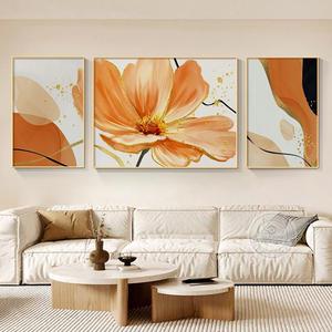现代轻奢客厅三联挂画纯手绘抽象油画沙发背景墙金箔花卉高级壁画