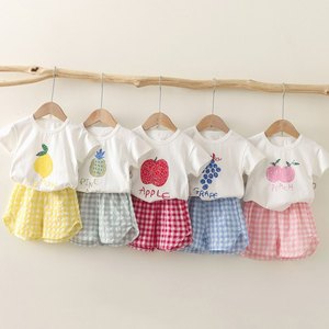 韩系儿童套装夏季2024新款男女童婴儿衣服宝宝短袖短裤水果格子两