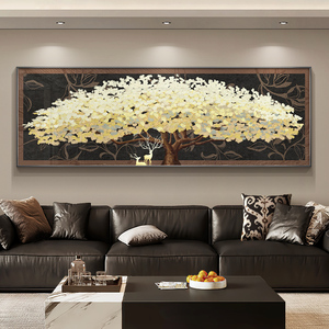 发财树客厅装饰画现代轻奢高级感沙发背景墙挂画复古大气横版壁画