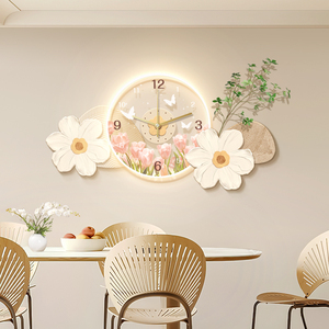奶油风餐厅装饰画带钟表发光餐桌边柜挂画北欧饭厅创意时钟壁灯画