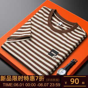 轻奢级棕褐色条纹短袖t恤男夏季2024新款G印花修身圆领半袖上衣潮