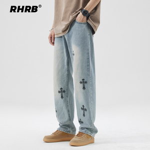 RHRB浅蓝色仔裤男宽松夏季百搭美式克罗地亚十字架高街直筒长裤男