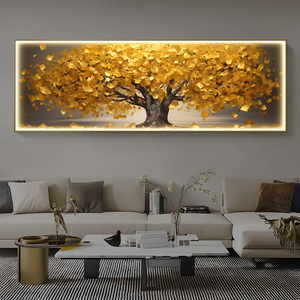 发财树客厅装饰画发光镶钻带灯黄金现代沙发背景墙挂画办公室壁画