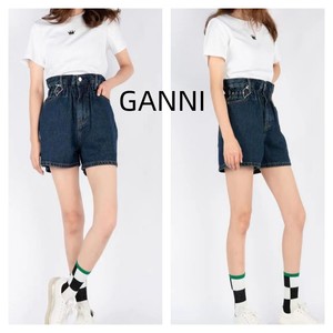 GANNI 23夏季新款蓝色花苞橡筋收腰设计高腰宽松显瘦牛仔短裤女