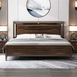 米廊新中式实木床主卧1.8米乌金木双人床1.5m储物大床现代官帽床