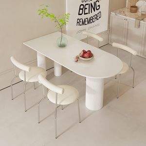 德品曼奶油风岩板餐桌餐椅组合现代简约小户型家用半圆形吃饭桌子