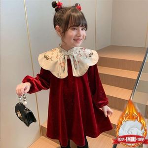 韩国女童金丝绒连衣裙2024新款冬装儿童女宝小女孩红色中国风裙子