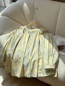 圆领衬衫女复古印花灯笼袖宽松慵懒风黄色设计感小众娃娃衫上衣