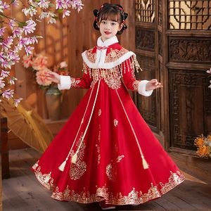 女童拜年服冬款加绒中国风唐装中大童小女孩过年服装红色儿童裙子