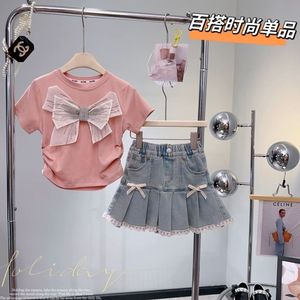女童夏季新款韩版套装2024洋气女宝宝蝴蝶结短袖T恤牛仔短裙套装
