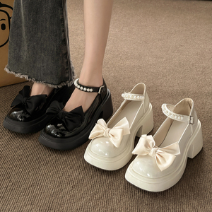 FAD ZOMO女式厚底皮鞋法式玛丽珍2024春新款增高蝴蝶结粗高跟单鞋