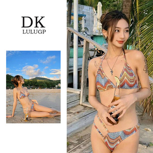 DK泳衣【万花】花色波西米亚三点式比基尼欧美性感绑带分体泳衣