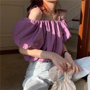 紫色泡泡袖衬衫女夏季chic韩风上衣好穿一字领露肩锁骨设计感衬衣