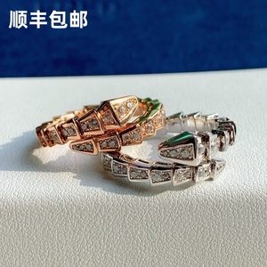 高级魅惑灵蛇 弹簧满钻蛇形戒指女18K玫瑰金小众设计二圈蛇骨指环