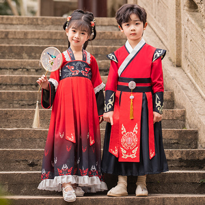 儿童汉服男童幼儿园国学服高端服装小少爷中国风春秋红色套装春季