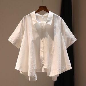 100%纯棉白色宽松不规则上衣女2024夏季日系设计感小众短袖衬衫