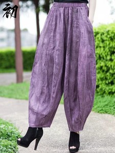 2024年春夏季棉麻紫色灯笼裤女士新款高腰大码垂感个性休闲哈伦裤