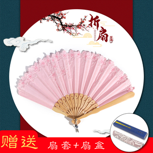 送老外礼品中国风樱花瓣棉麻刺绣花女士日常使用折扇双面绣小扇子
