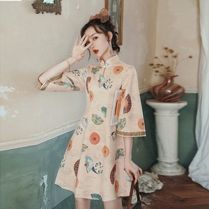 中国风短款七分袖年轻少女a字裙倒大袖旗袍改良版夏季日常连衣裙