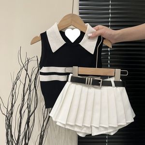 女童针织韩系Polo夏季套装2024女孩洋气背心时髦百褶裙两件套帅