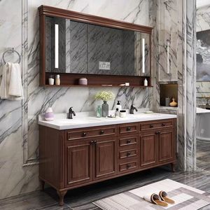 美式浴室柜落地橡木卫浴柜智能镜柜洗脸盆双盆卫生间洗手盆一体式