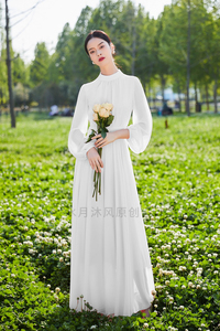法式立领白色雪纺连衣裙2023新款气质收腰波西米亚超长裙子高级感
