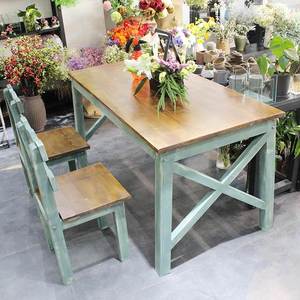 美式桌复古实木桌椅组合长方形做旧阳台桌花店桌子工作台快餐桌椅