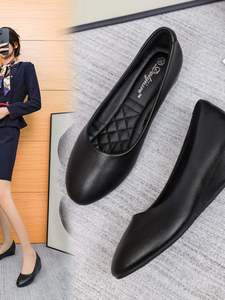 红蜻蜓工作鞋女秋季新款圆头坡跟内增高黑色职业工装上班舒适皮鞋