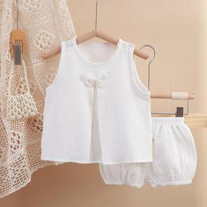 婴儿衣服夏季洋气女孩纯色双层棉纱薄款家居服套装一岁女宝宝2468