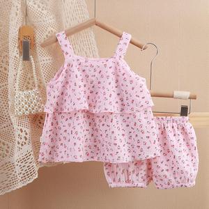 婴儿衣服夏季薄款可爱洋气双层棉纱吊带家居服套装一岁女宝宝2468