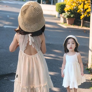 新款女童装夏季海边度假风儿童连衣裙宝宝洋气露背白色吊带裙子