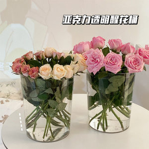 醒花桶深水亚克力花桶法式大花瓶家用透明养花插花泡鲜花塑料花筒