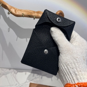 H卡包真皮手工进口山羊皮卡套零钱包对折包黑色纯色对折小方包
