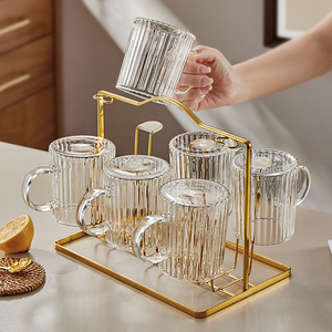 高硼硅玻璃杯套装家用客厅待客茶杯无铅带把手耐高温喝水杯子杯架