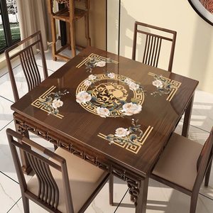 新中式餐桌垫正方形透明桌布PVC麻将桌垫免洗防水软玻璃垫餐桌布
