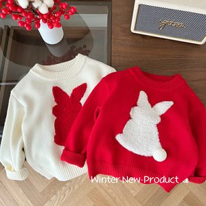 女童小兔子毛衣冬季女宝宝内搭上衣可爱针织衫婴儿拜年服新品服装