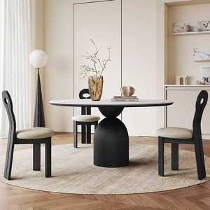 复古实木圆形餐桌轻奢高端小户型家用极简哑光白色岩板圆桌