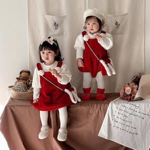 巴拉巴拉婴儿衣服冬季女宝宝可爱加绒包屁哈衣公主裙子套装姐妹红