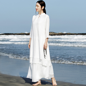 新中式白色棉麻连衣裙套装女春秋款国风瑜伽禅意茶服太极服两件套
