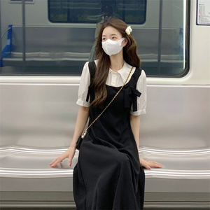 匠匠子studio假两件连衣裙夏装显瘦遮肚小黑裙2023学院风韩版法式