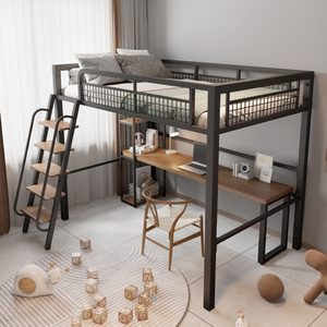 铁艺高架床单上层上床下桌组合铁床省空间阁楼复式二楼儿童钢架床