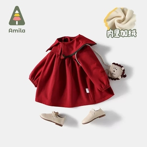 Amila童装女宝宝冬季加绒红色连衣裙子新款女童周岁礼服厚婴幼儿
